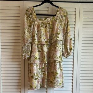 Who What Wear Floral Tiered Ruffle Mini Dress in Blush and Olive